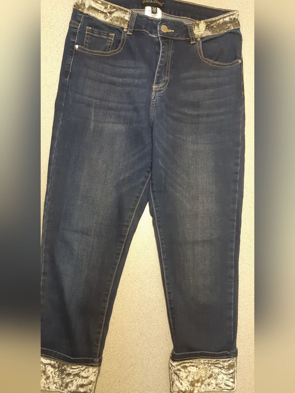 Frank Lyman Design Dark Blue Slim Straight Jeans with Metallic Trim Size Large